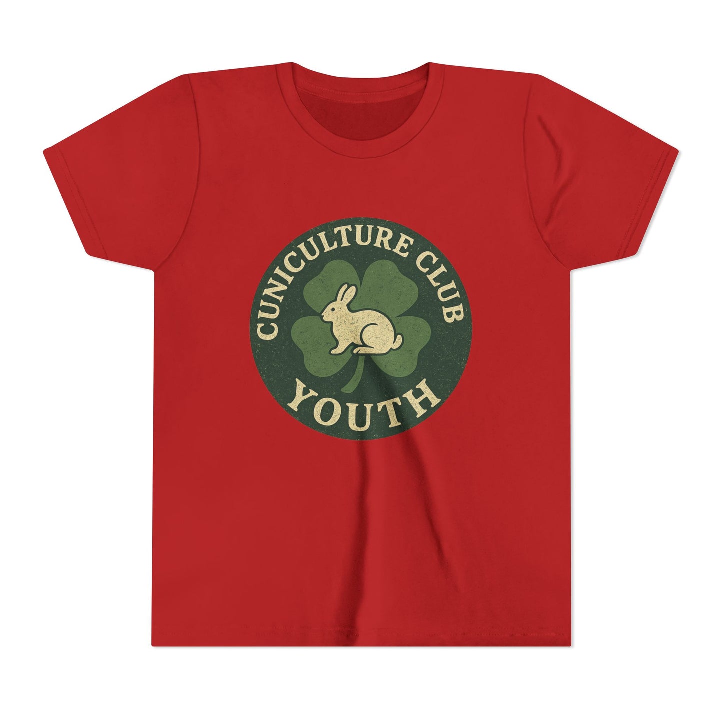 Cuniculture Club Youth Unisex T-Shirt – Distressed Clover & Bunny Emblem Tee - Fun Farm Kids Rabbit Club Shirt
