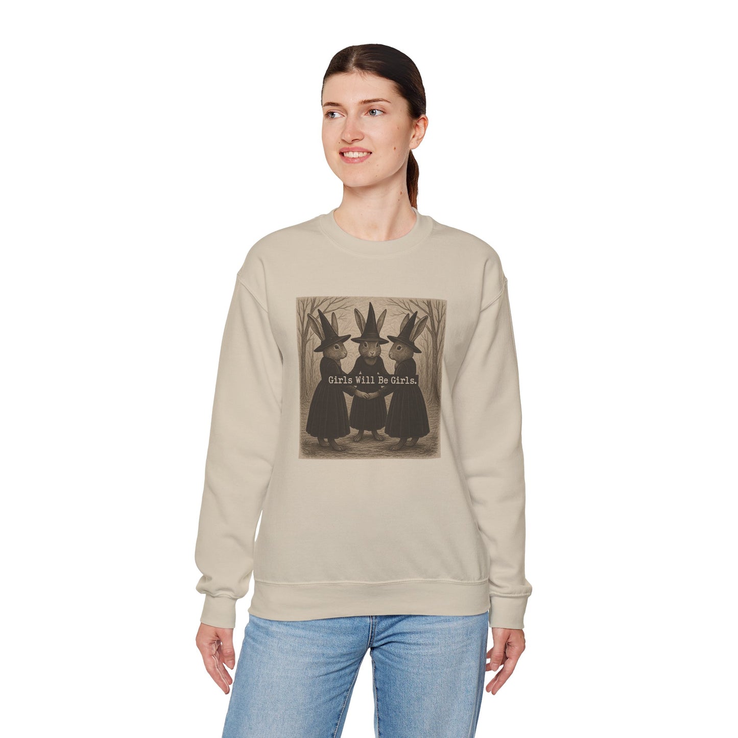 Girls Will Be Girls – Witchy Rabbit Crewneck Sweatshirt | Cozy Whimsical Rabbit Sweatshirt for Girls & Women - Halloween & Fall Collection