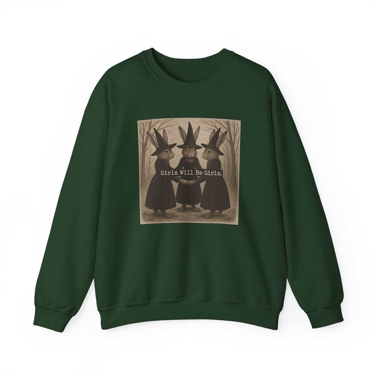 Girls Will Be Girls – Witchy Rabbit Crewneck Sweatshirt | Cozy Whimsical Rabbit Sweatshirt for Girls & Women - Halloween & Fall Collection