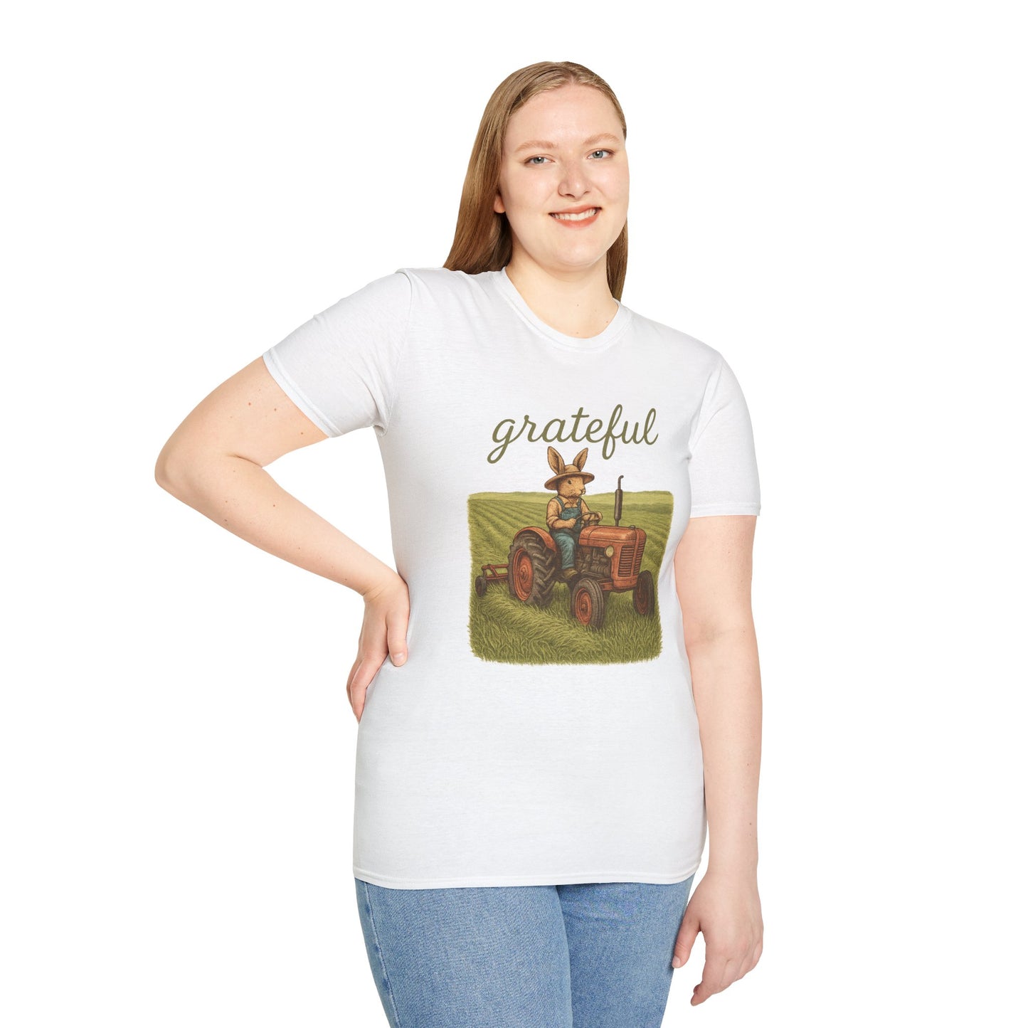 Grateful Acres Tractor Bunny Tee - Unisex Softstyle T-Shirt - Country Apparel - Farm Life Tee - Gift for Farmers & Rabbit Owners