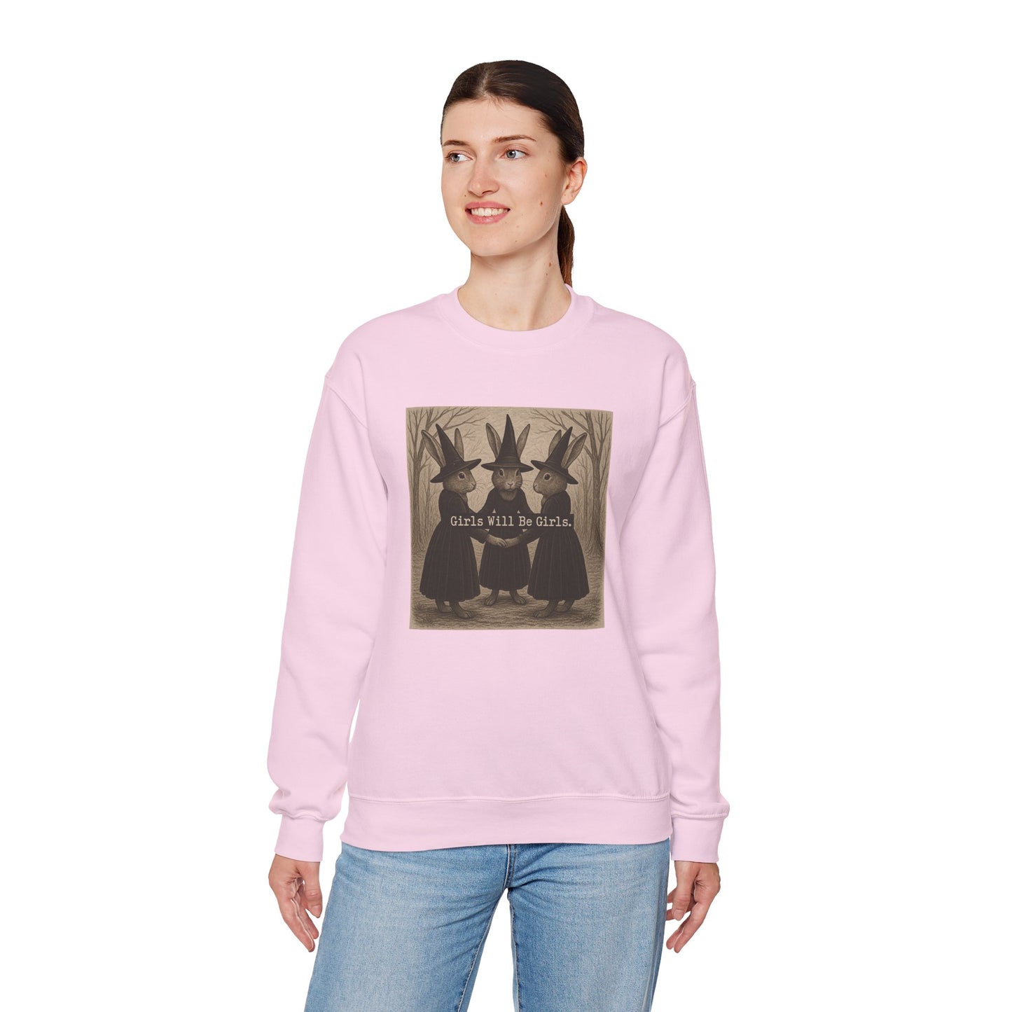 Girls Will Be Girls – Witchy Rabbit Crewneck Sweatshirt | Cozy Whimsical Rabbit Sweatshirt for Girls & Women - Halloween & Fall Collection