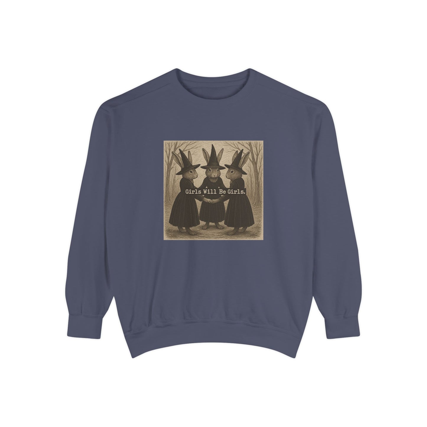 Girls Will Be Girls Rabbit Witch Circle – Garment-Dyed Bunny Sweatshirt | Halloween & Fall Collection
