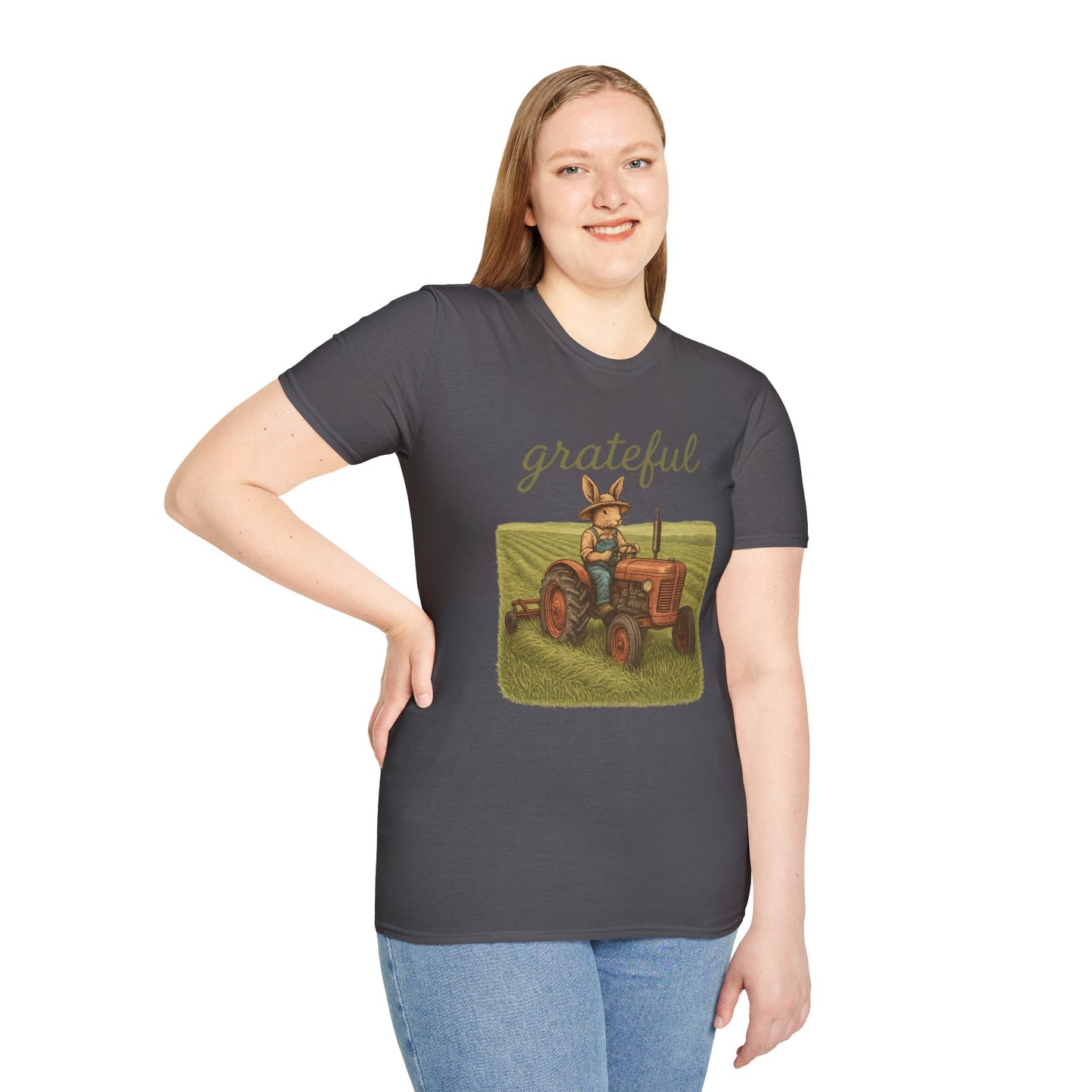 Grateful Acres Tractor Bunny Tee - Unisex Softstyle T-Shirt - Country Apparel - Farm Life Tee - Gift for Farmers & Rabbit Owners