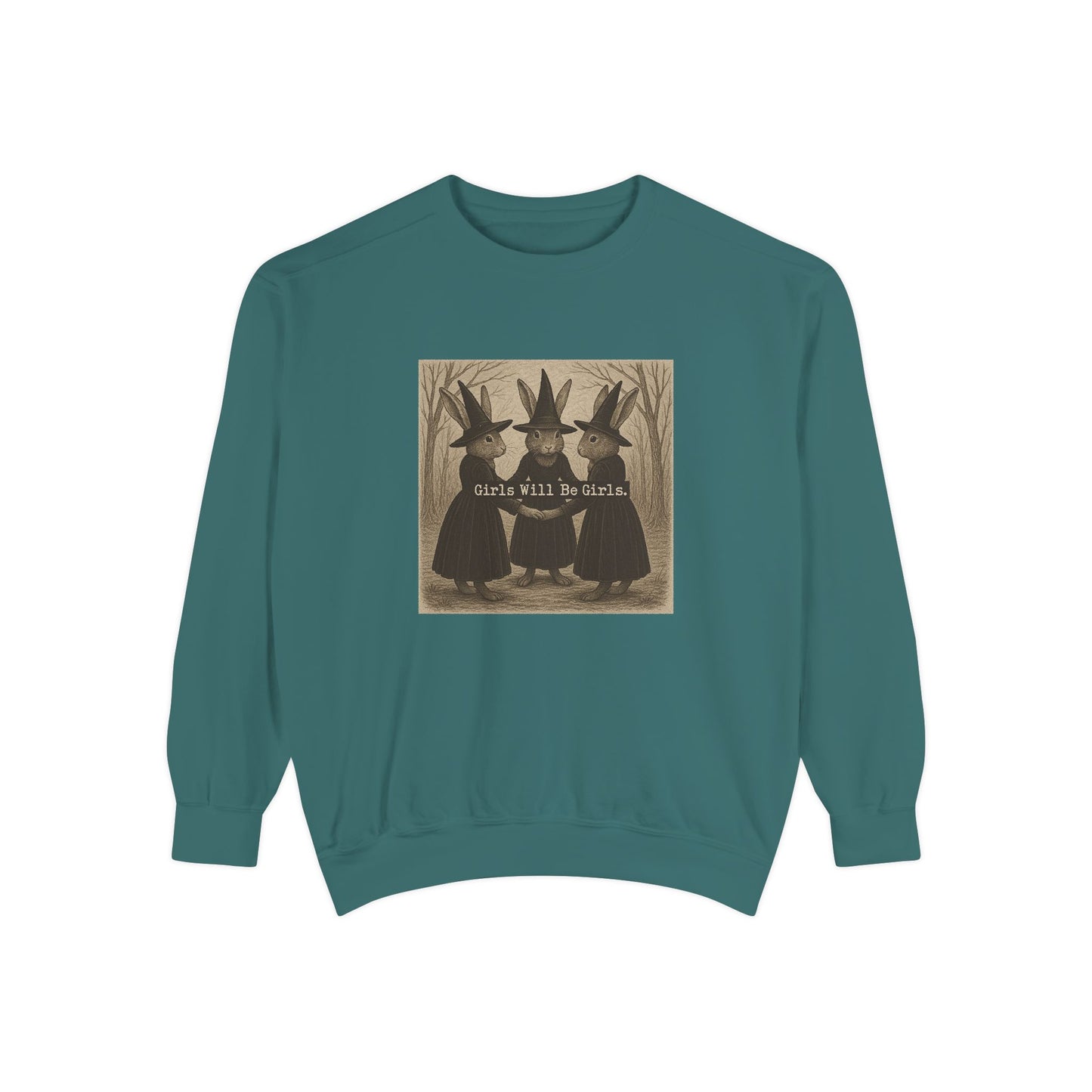 Girls Will Be Girls Rabbit Witch Circle – Garment-Dyed Bunny Sweatshirt | Halloween & Fall Collection
