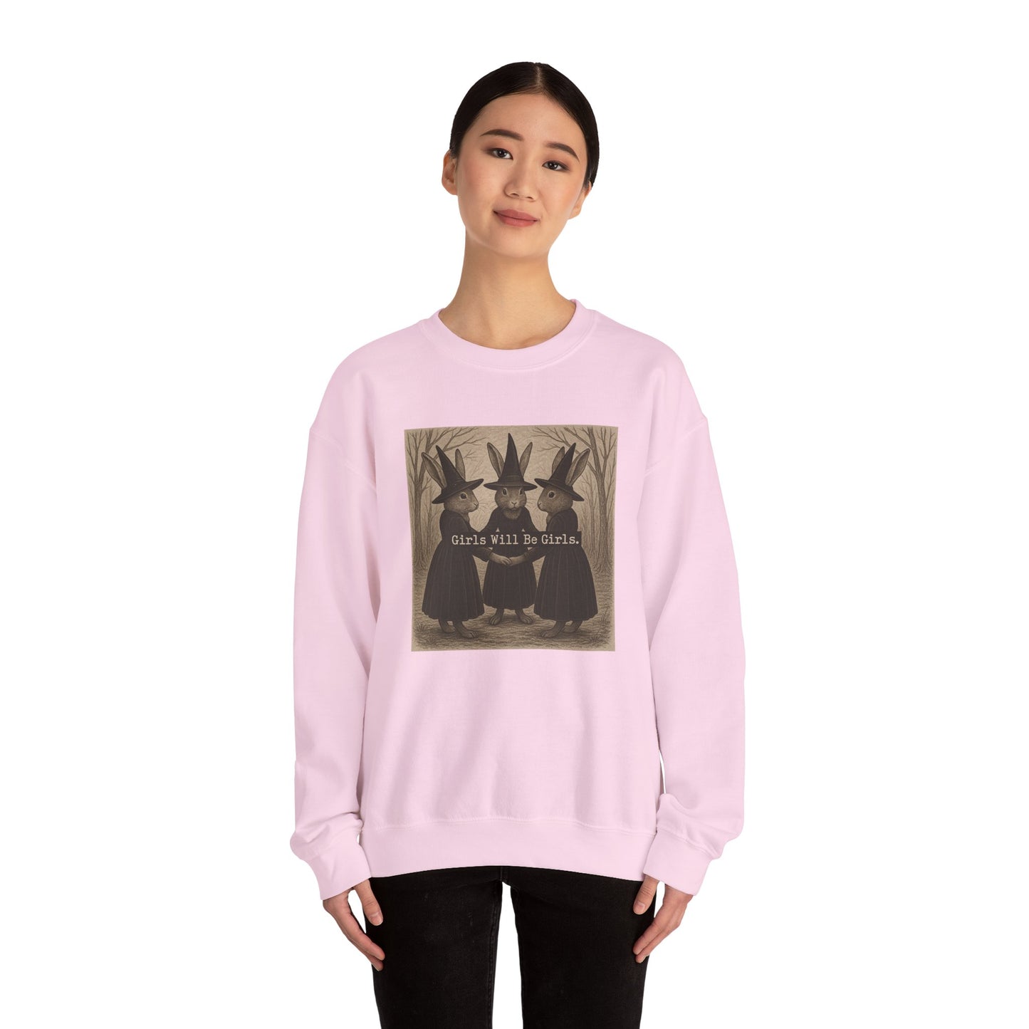 Girls Will Be Girls – Witchy Rabbit Crewneck Sweatshirt | Cozy Whimsical Rabbit Sweatshirt for Girls & Women - Halloween & Fall Collection