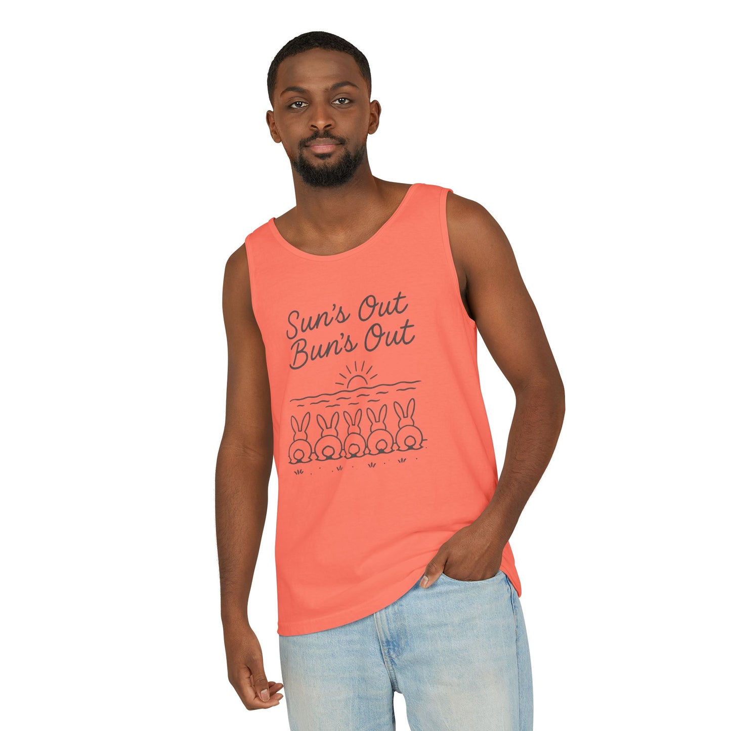 Sun's Out, Bun’s Out Tank Top – Funny Bunny Bums Summer Tee - Unisex Garment-Dyed | Beach Vibes - Vacation Apparel