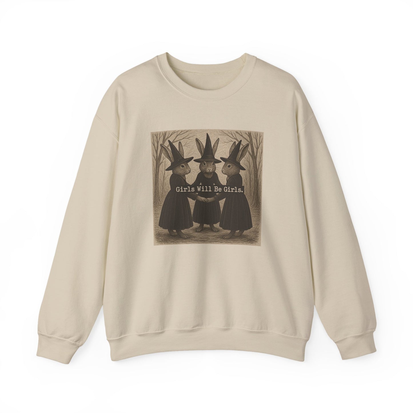 Girls Will Be Girls – Witchy Rabbit Crewneck Sweatshirt | Cozy Whimsical Rabbit Sweatshirt for Girls & Women - Halloween & Fall Collection