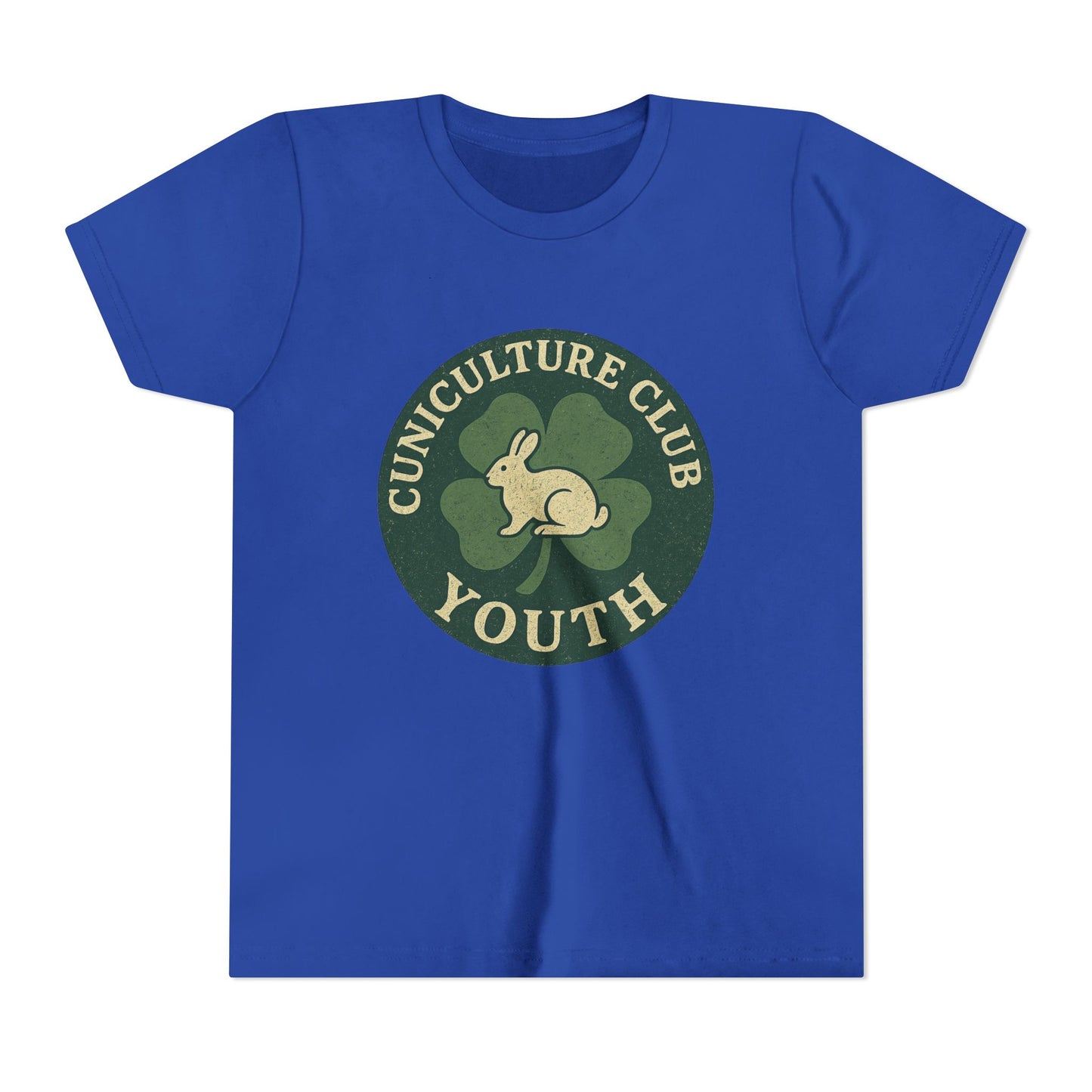 Cuniculture Club Youth Unisex T-Shirt – Distressed Clover & Bunny Emblem Tee - Fun Farm Kids Rabbit Club Shirt