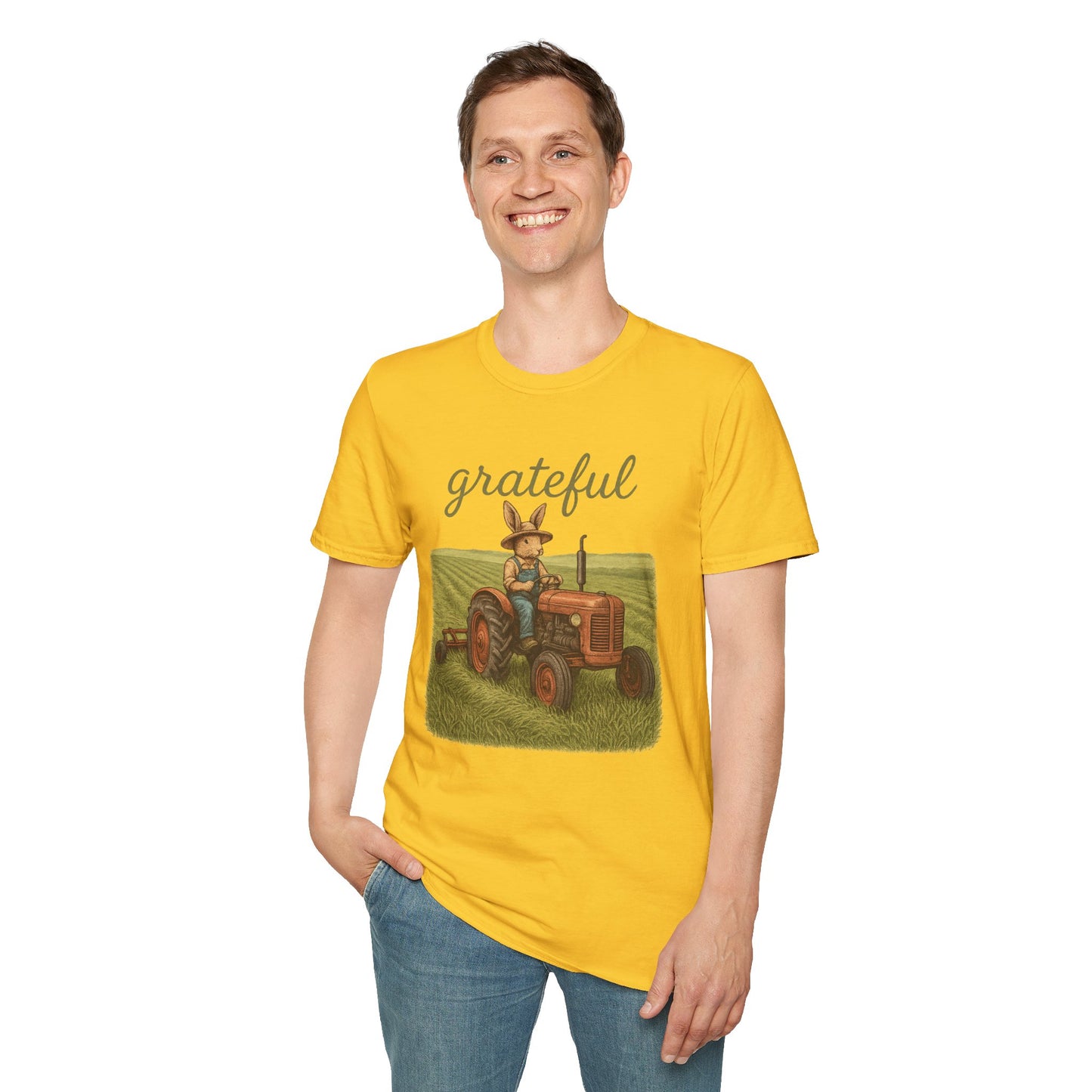 Grateful Acres Tractor Bunny Tee - Unisex Softstyle T-Shirt - Country Apparel - Farm Life Tee - Gift for Farmers & Rabbit Owners
