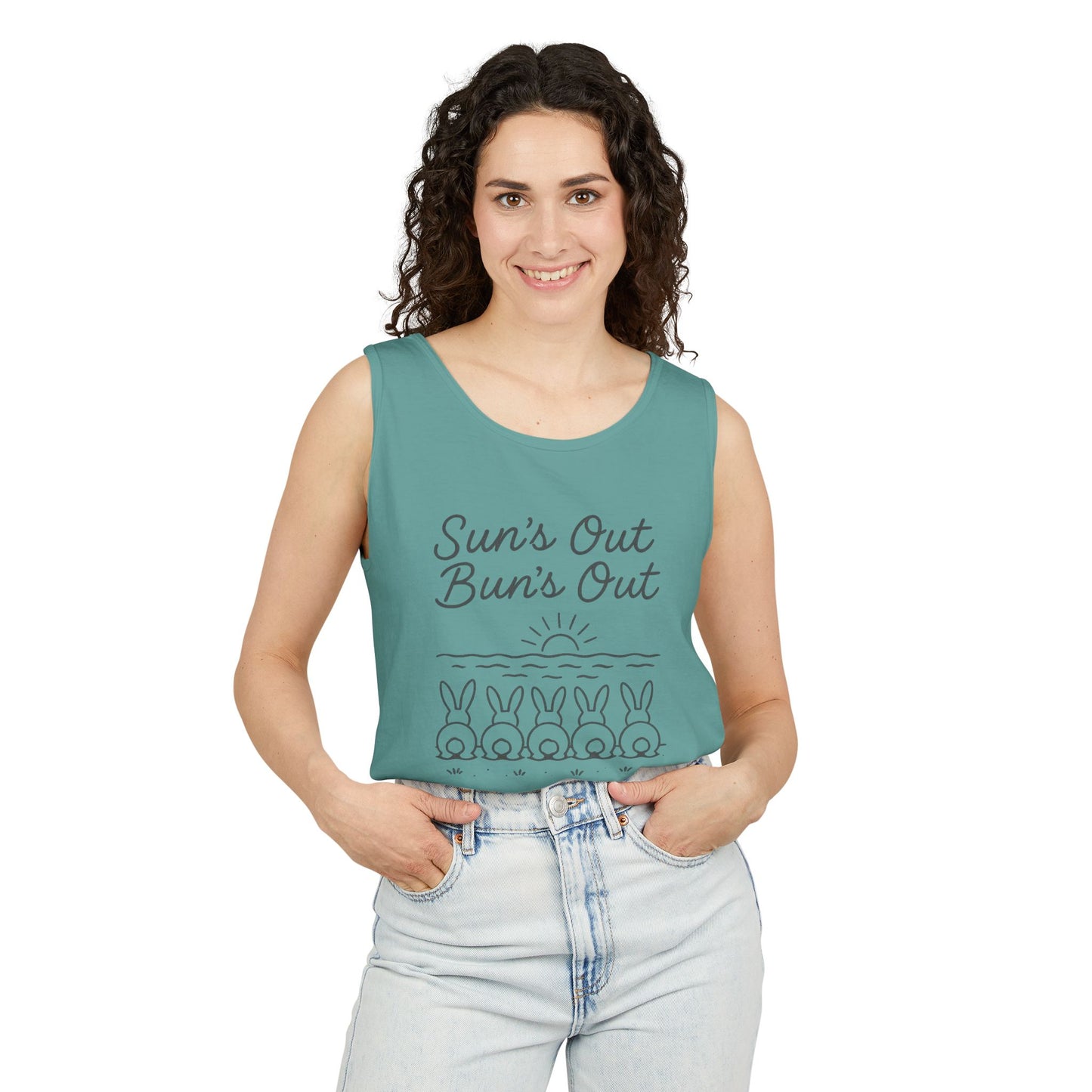 Sun's Out, Bun’s Out Tank Top – Funny Bunny Bums Summer Tee - Unisex Garment-Dyed | Beach Vibes - Vacation Apparel