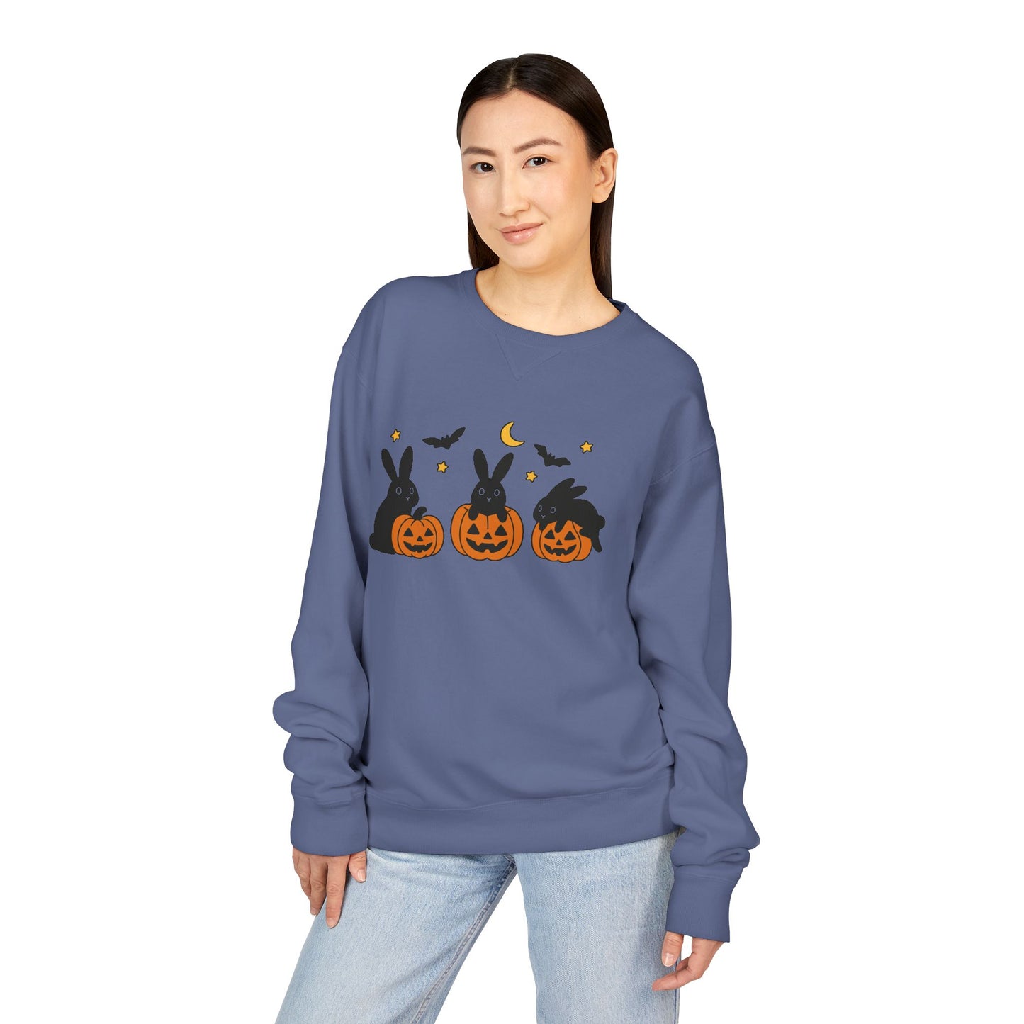 Pumpkin Patch Bunnies Halloween Sweatshirt – Rabbit & Jack-o’-Lantern Crewneck | Cozy Fall Fashion Unisex Apparel - Spooky Season Gift
