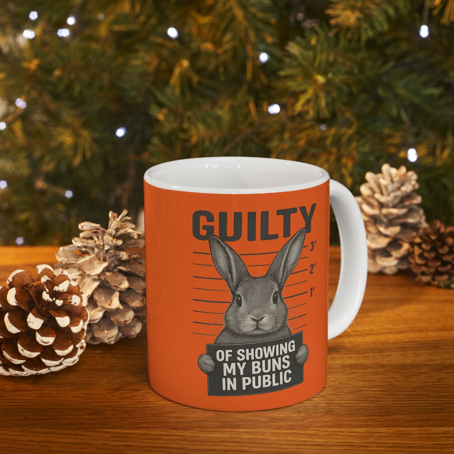 Guilty of Showing My Buns in Public with Orange Background Ceramic Mug - Gift for Coffee Lovers & Rabbit Show Exhibitors - Two Sizes: 11 oz & 15 oz