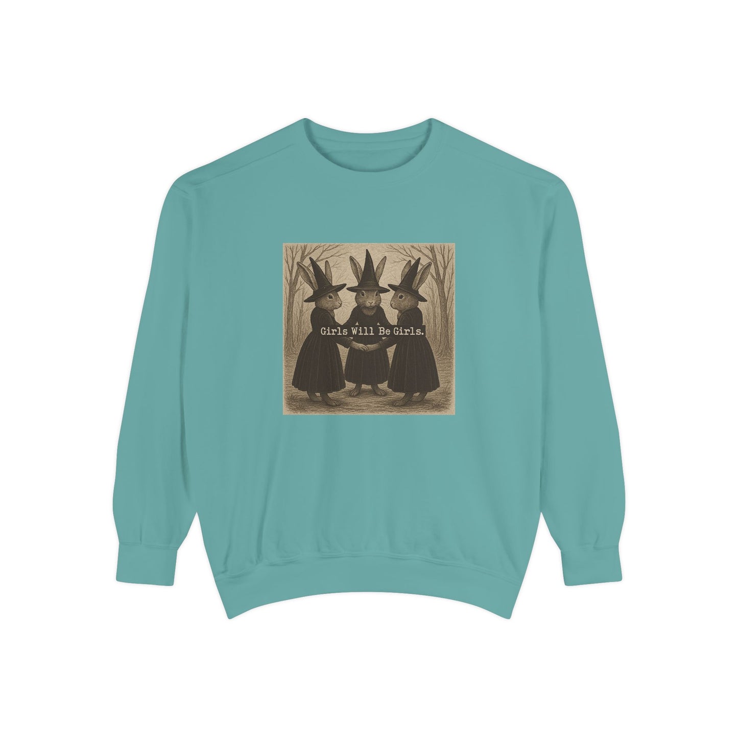 Girls Will Be Girls Rabbit Witch Circle – Garment-Dyed Bunny Sweatshirt | Halloween & Fall Collection