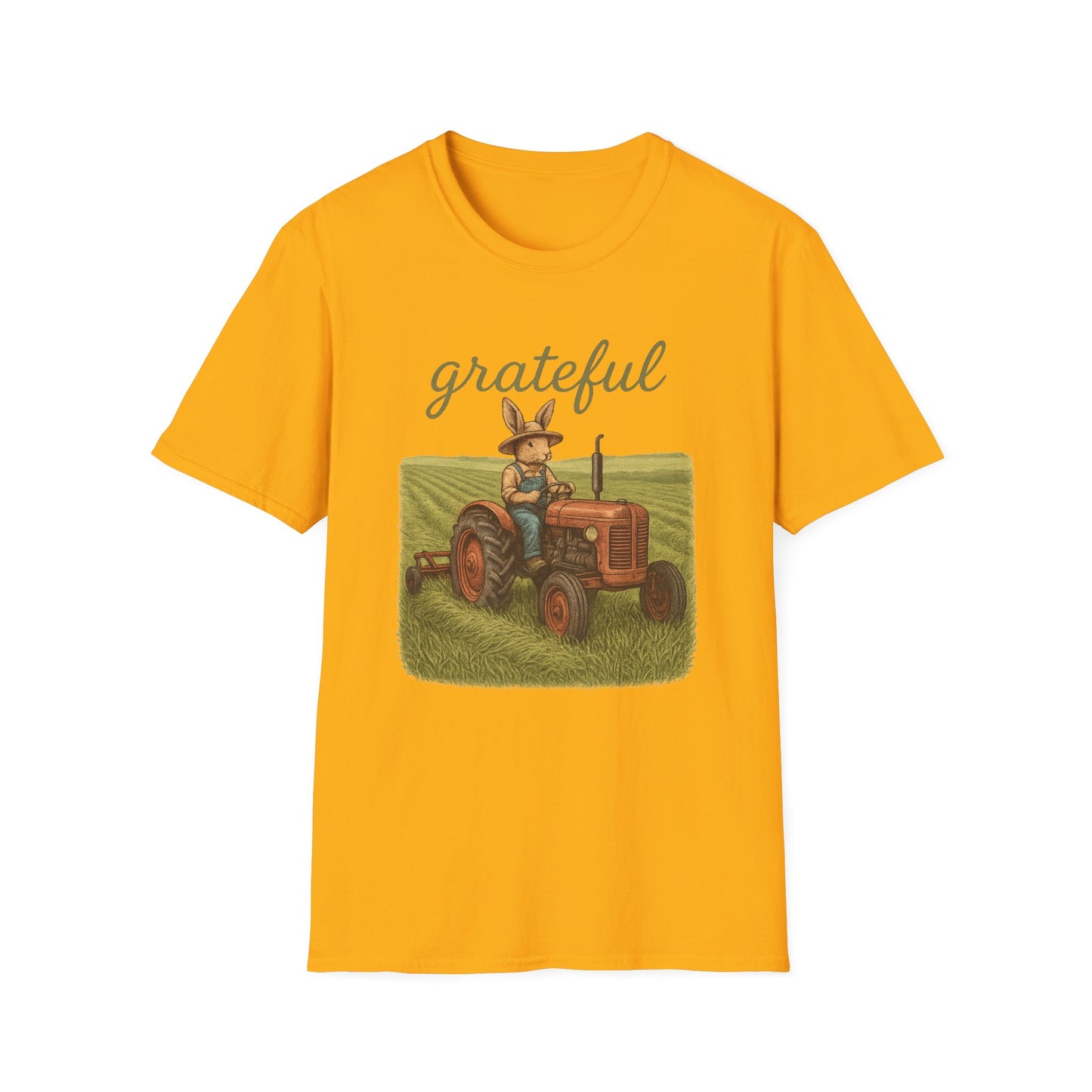 Grateful Acres Tractor Bunny Tee - Unisex Softstyle T-Shirt - Country Apparel - Farm Life Tee - Gift for Farmers & Rabbit Owners