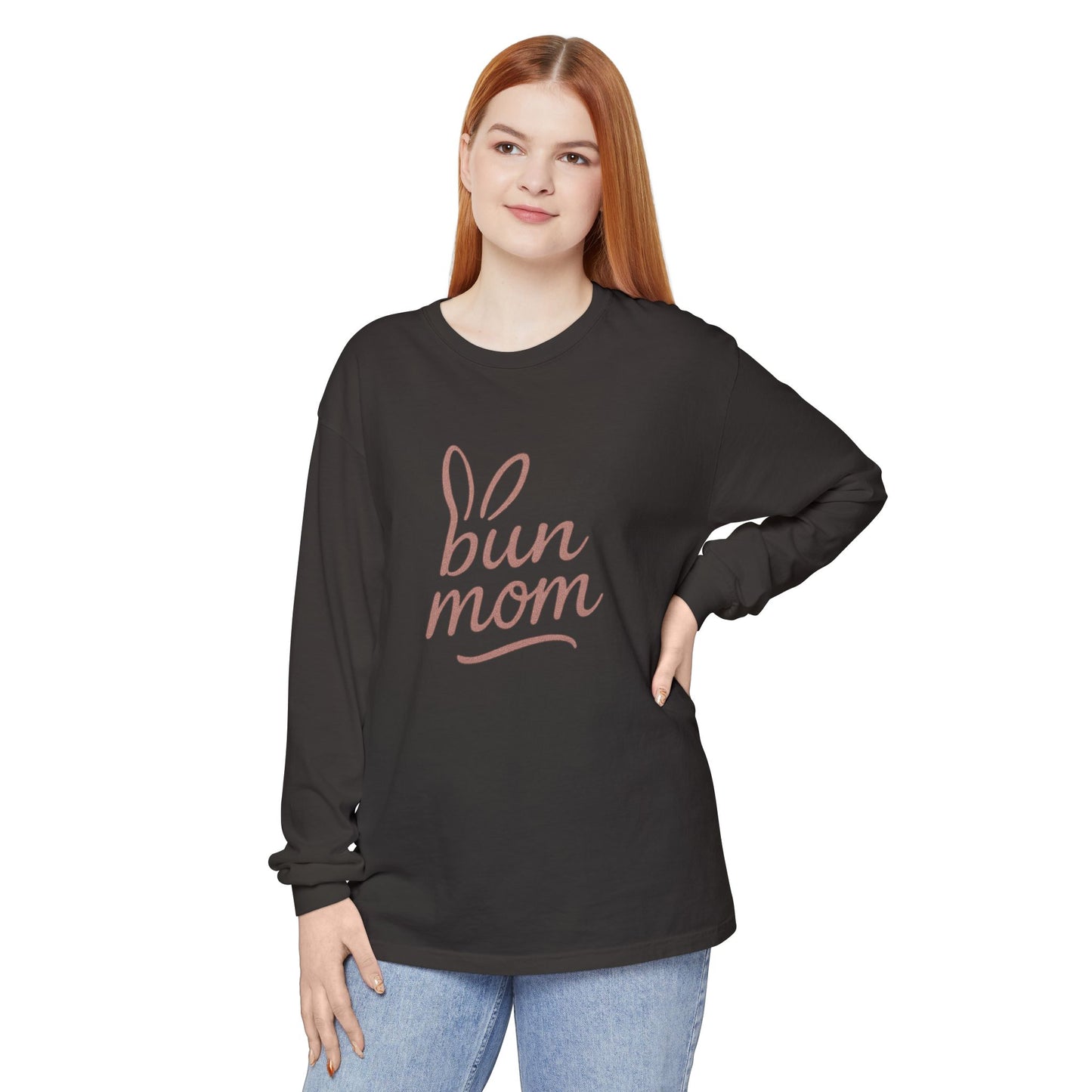 Bun Mom Long Sleeve T-Shirt | Rabbit Ears Vintage Dusty Rose Ink Script Tee - Bunny Lovers Gift Idea