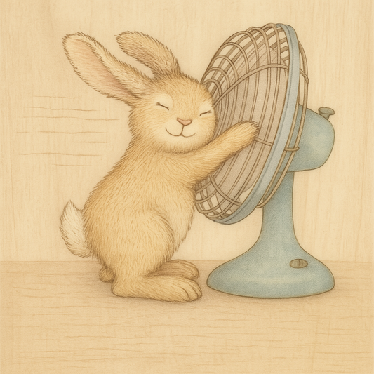 Adorable brown rabbit cooling off in front of a vintage blue fan—illustration for Cuniculture Club blog about summer rabbit care, preventing heat stress in rabbits, and keeping bunnies cool in hot weather.