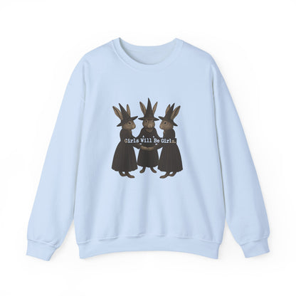 Girls Will Be Girls Witchy Rabbit Sweatshirt | Whimsical Bunny Witch Sisterhood Crewneck - Halloween & Fall Collection