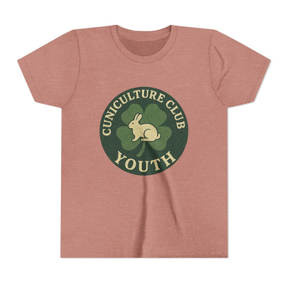 Cuniculture Club Youth Unisex T-Shirt – Distressed Clover & Bunny Emblem Tee - Fun Farm Kids Rabbit Club Shirt