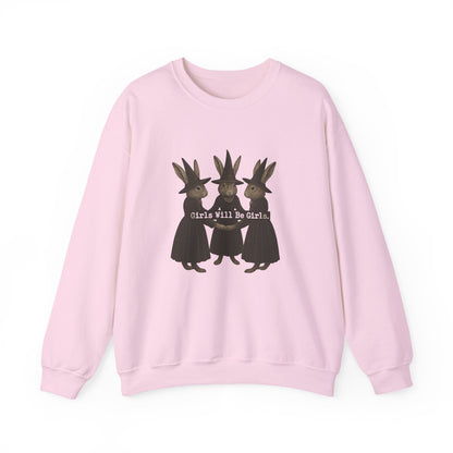 Girls Will Be Girls Witchy Rabbit Sweatshirt | Whimsical Bunny Witch Sisterhood Crewneck - Halloween & Fall Collection