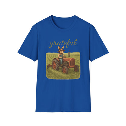 Grateful Acres Tractor Bunny Tee - Unisex Softstyle T-Shirt - Country Apparel - Farm Life Tee - Gift for Farmers & Rabbit Owners