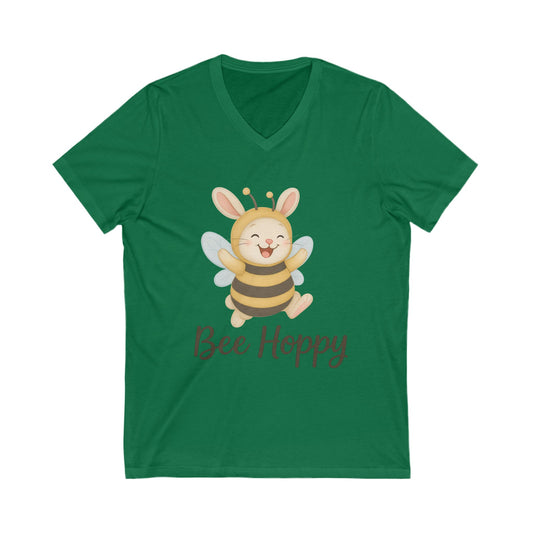 Bee Hoppy Bunny V-Neck T-Shirt – Cheerful Rabbit in Bumblebee Costume - Unisex Jersey Short Sleeve Tee