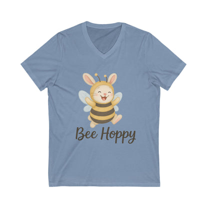 Bee Hoppy Bunny V-Neck T-Shirt – Cheerful Rabbit in Bumblebee Costume - Unisex Jersey Short Sleeve Tee