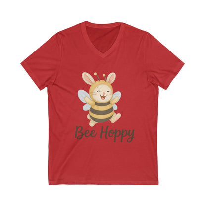 Bee Hoppy Bunny V-Neck T-Shirt – Cheerful Rabbit in Bumblebee Costume - Unisex Jersey Short Sleeve Tee