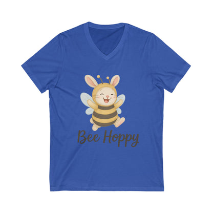 Bee Hoppy Bunny V-Neck T-Shirt – Cheerful Rabbit in Bumblebee Costume - Unisex Jersey Short Sleeve Tee