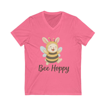 Bee Hoppy Bunny V-Neck T-Shirt – Cheerful Rabbit in Bumblebee Costume - Unisex Jersey Short Sleeve Tee
