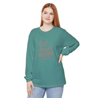 Bun Mom Long Sleeve T-Shirt | Rabbit Ears Vintage Dusty Rose Ink Script Tee - Bunny Lovers Gift Idea