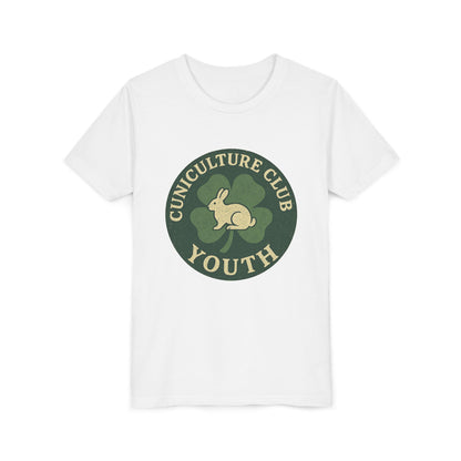 Cuniculture Club Youth Unisex T-Shirt – Distressed Clover & Bunny Emblem Tee - Fun Farm Kids Rabbit Club Shirt