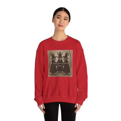 Girls Will Be Girls – Witchy Rabbit Crewneck Sweatshirt | Cozy Whimsical Rabbit Sweatshirt for Girls & Women - Halloween & Fall Collection