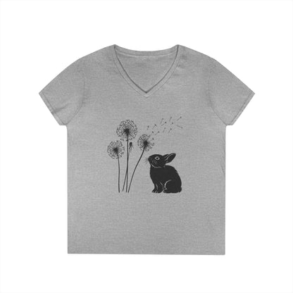 Wishful Whiskers Bunny & Dandelion V-Neck Tee – Cuniculture Club Original Whimsical Rabbit Shirt - Floral Dandelion Fashion - Nature Lover Gift
