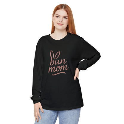Bun Mom Long Sleeve T-Shirt | Rabbit Ears Vintage Dusty Rose Ink Script Tee - Bunny Lovers Gift Idea