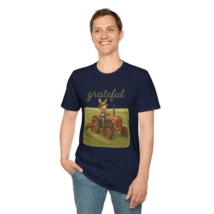 Grateful Acres Tractor Bunny Tee - Unisex Softstyle T-Shirt - Country Apparel - Farm Life Tee - Gift for Farmers & Rabbit Owners