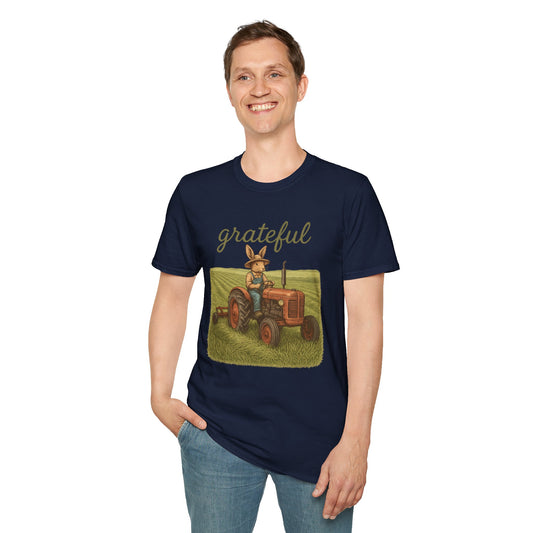 Grateful Acres Tractor Bunny Tee - Unisex Softstyle T-Shirt - Country Apparel - Farm Life Tee - Gift for Farmers & Rabbit Owners