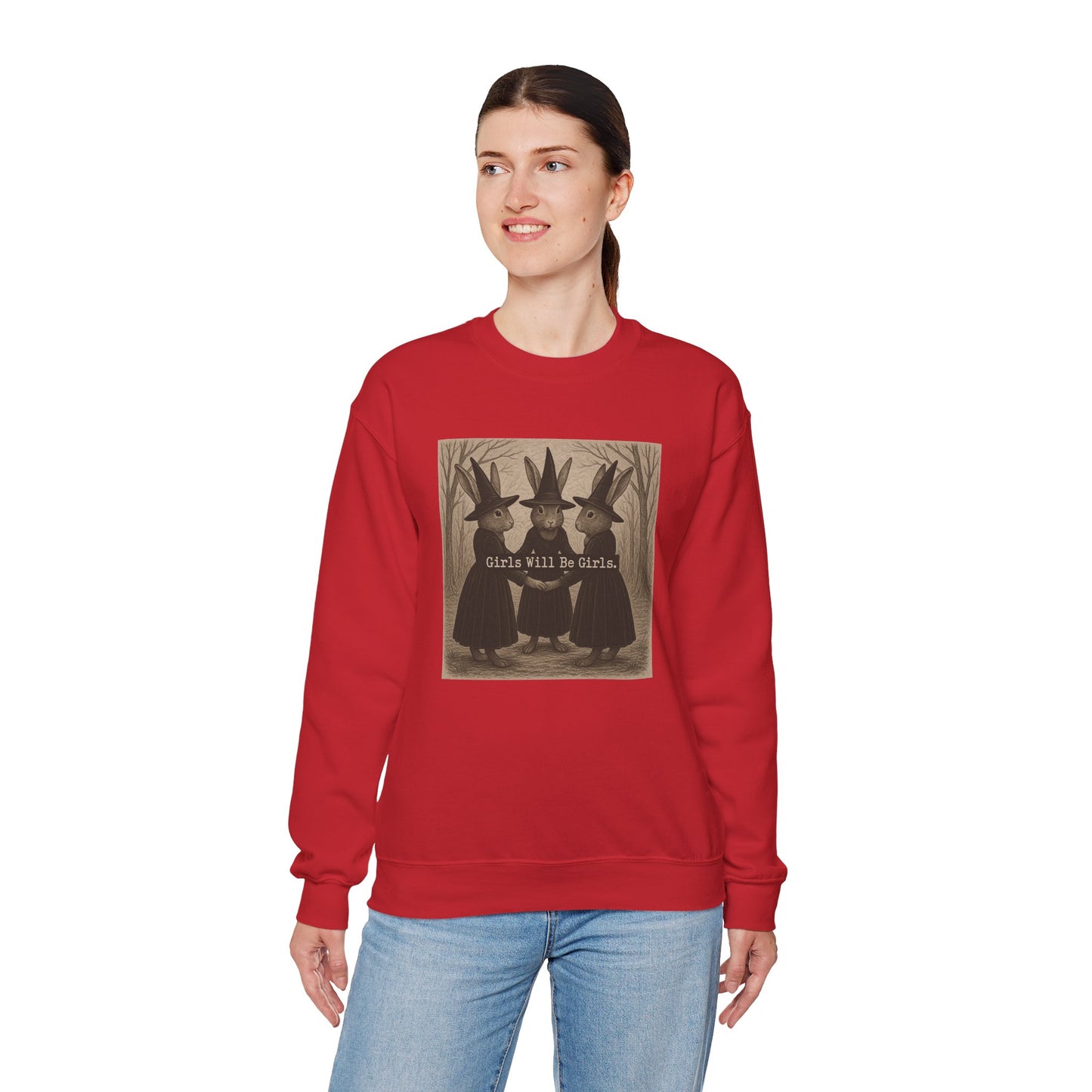 Girls Will Be Girls – Witchy Rabbit Crewneck Sweatshirt | Cozy Whimsical Rabbit Sweatshirt for Girls & Women - Halloween & Fall Collection