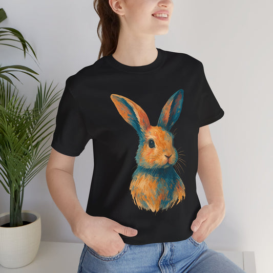 Golden Hour Bunny Unisex Short Sleeve Shirt – Painterly Rabbit Portrait T-Shirt - Artistic Graphic Tee for Animal Lovers - Unique Artwork