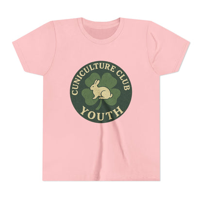 Cuniculture Club Youth Unisex T-Shirt – Distressed Clover & Bunny Emblem Tee - Fun Farm Kids Rabbit Club Shirt