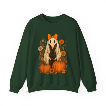 Vintage Black Rabbit with Pumpkins & Florals - Ghostly Garden Bunny Halloween Sweatshirt – Autumn Ghost Crewneck - Cozy Cute Gift