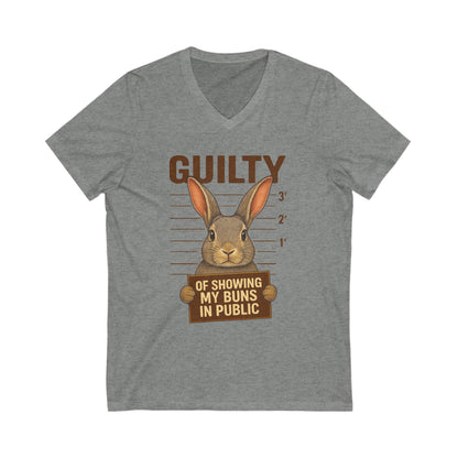 Guilty of Showing My Buns in Public V-Neck Tee - Funny Rabbit Shirt - Unisex Graphic Top - Casual Bunny Wear
