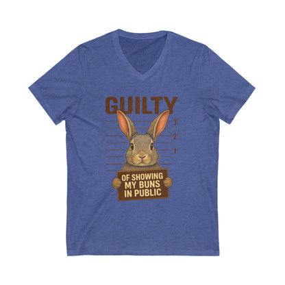Guilty of Showing My Buns in Public V-Neck Tee - Funny Rabbit Shirt - Unisex Graphic Top - Casual Bunny Wear
