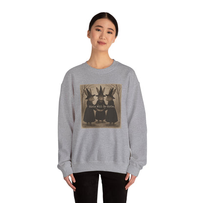 Girls Will Be Girls – Witchy Rabbit Crewneck Sweatshirt | Cozy Whimsical Rabbit Sweatshirt for Girls & Women - Halloween & Fall Collection