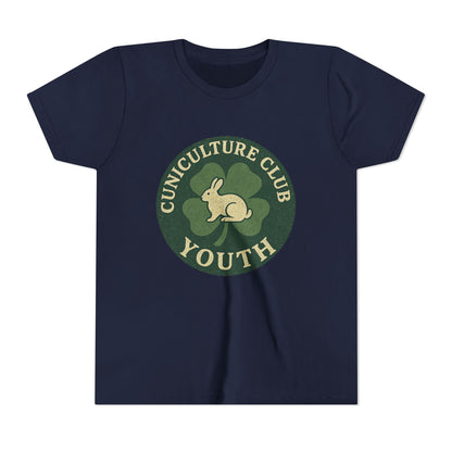 Cuniculture Club Youth Unisex T-Shirt – Distressed Clover & Bunny Emblem Tee - Fun Farm Kids Rabbit Club Shirt