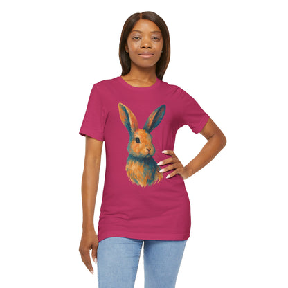 Golden Hour Bunny Unisex Short Sleeve Shirt – Painterly Rabbit Portrait T-Shirt - Artistic Graphic Tee for Animal Lovers - Unique Artwork