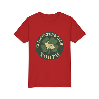 Cuniculture Club Youth Unisex T-Shirt – Distressed Clover & Bunny Emblem Tee - Fun Farm Kids Rabbit Club Shirt