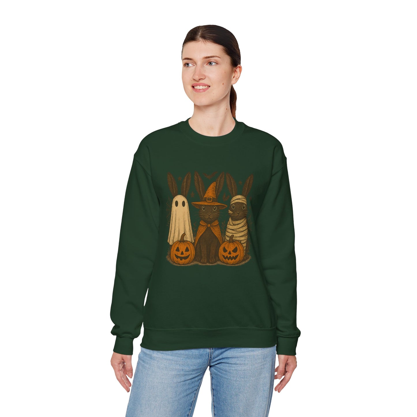 Ghosts, Witches & Mummies—Oh My! Halloween Bunny Sweatshirt - Cozy Fall Rabbit Apparel - Unisex Spooky Season Crewneck