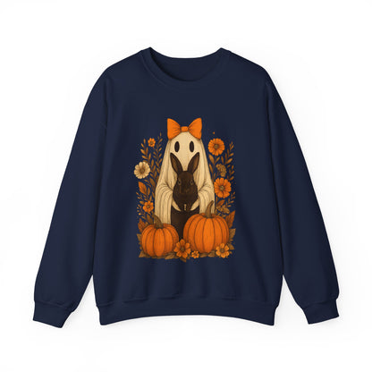 Vintage Black Rabbit with Pumpkins & Florals - Ghostly Garden Bunny Halloween Sweatshirt – Autumn Ghost Crewneck - Cozy Cute Gift