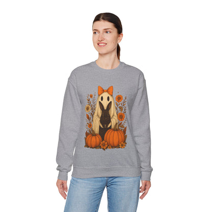 Vintage Black Rabbit with Pumpkins & Florals - Ghostly Garden Bunny Halloween Sweatshirt – Autumn Ghost Crewneck - Cozy Cute Gift
