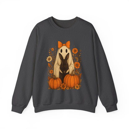 Vintage Black Rabbit with Pumpkins & Florals - Ghostly Garden Bunny Halloween Sweatshirt – Autumn Ghost Crewneck - Cozy Cute Gift